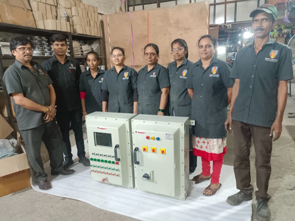 Bharatflameproof staff with ready to dispatch Flameproof HMI control panel along plc automation
