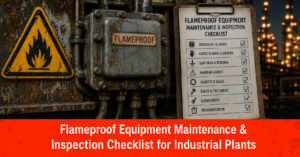 This is AI generated image of flameproof equipment maintenance and inspection checklist for industrial plants in hazardous industrial environment.