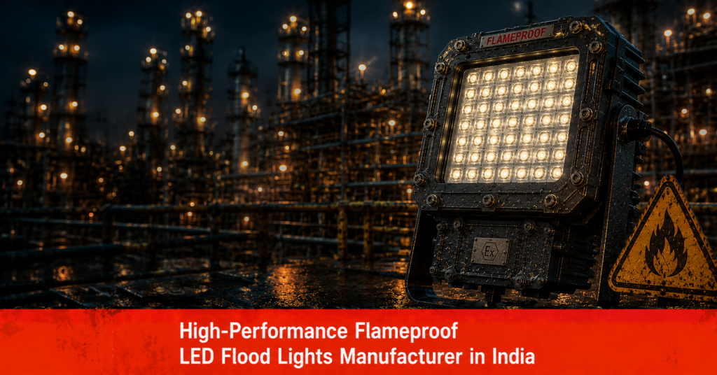 AI-generated blog banner showing a flameproof LED flood light in an industrial refinery with the title "High-Performance Flameproof LED Flood Lights Manufacturer in India