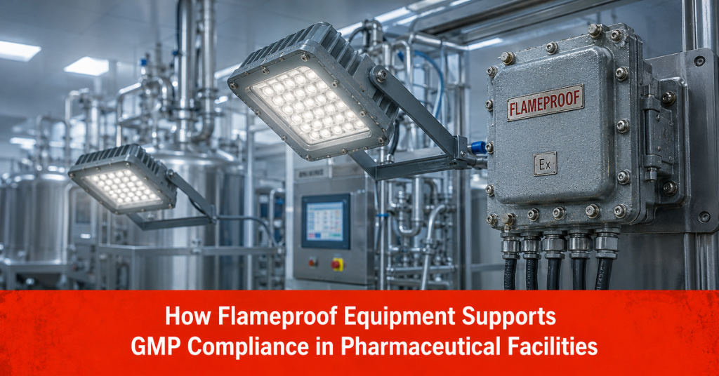 AI-generated image of flameproof electrical equipment and LED lighting in a pharmaceutical manufacturing facility, showcasing GMP compliance, hazardous area safety, and explosion-proof industrial solutions.