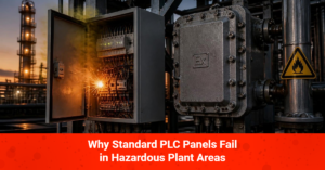 Standard PLC panel sparking in a hazardous plant area next to a flameproof enclosure