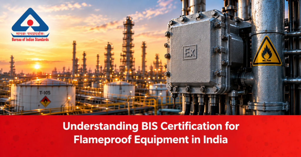 Understanding BIS Certification for Flameproof Equipment in India. A grey flameproof enclosure marked “Ex” sits on a pipe beside a yellow hazard warning sign, with a refinery of storage tanks and columns at sunset behind it. The Bureau of Indian Standards logo appears in the top left.