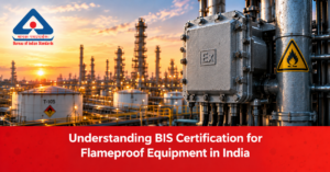 Understanding BIS Certification for Flameproof Equipment in India. A grey flameproof enclosure marked “Ex” sits on a pipe beside a yellow hazard warning sign, with a refinery of storage tanks and columns at sunset behind it. The Bureau of Indian Standards logo appears in the top left.